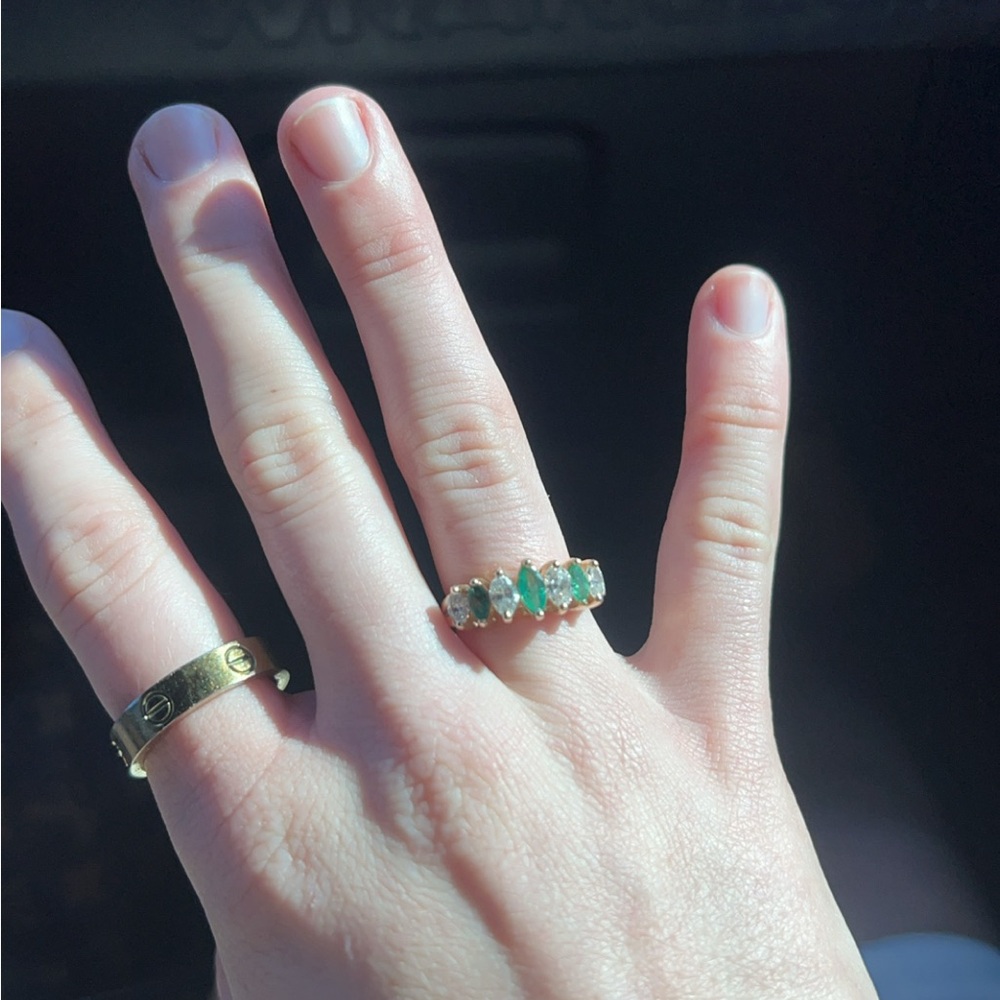 14K Gold Marquise Diamond & Emerald Ring